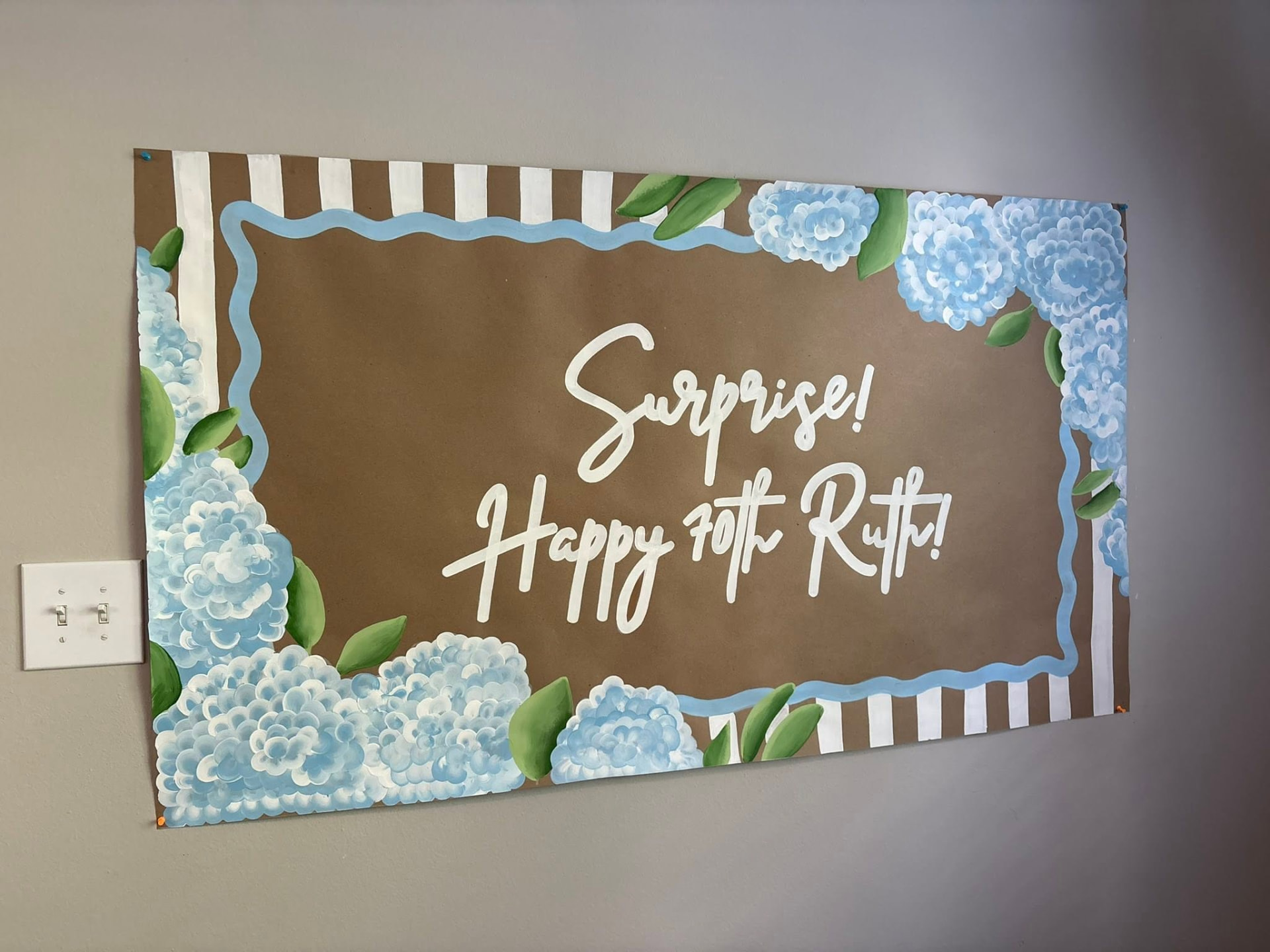 Custom hand-painted seventieth birthday banner with blue hydrangeas